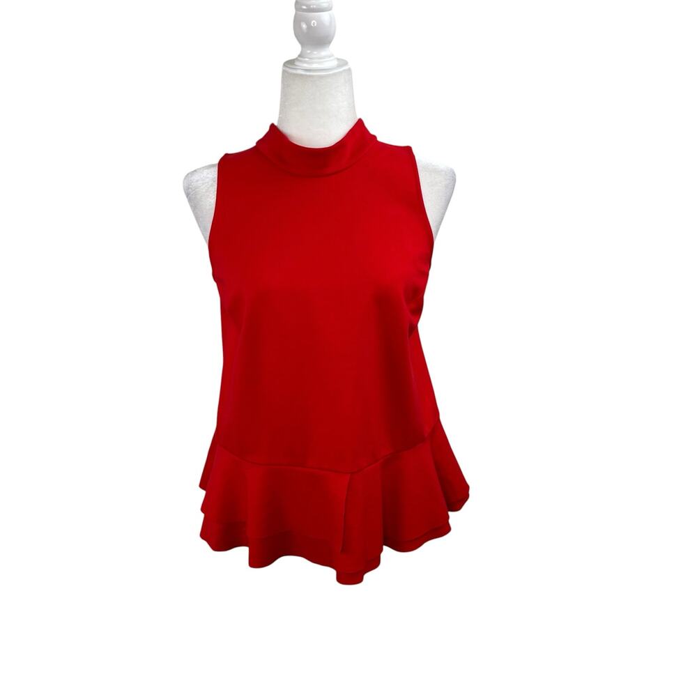 Anthropologie Red Sleeveless Ruffle Hem Jersey Peplum Top L Back Zipper